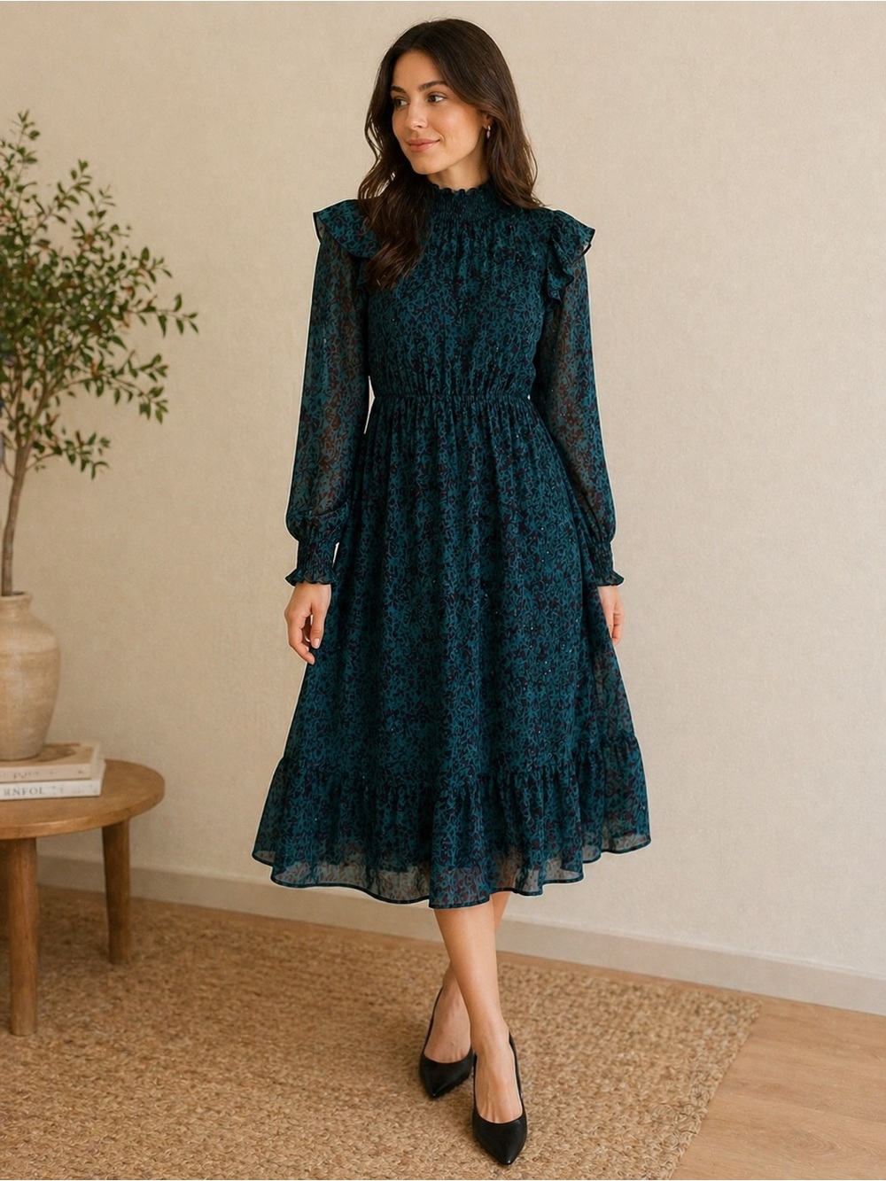 Spirit of Grace Dark Teal Leopard Print Smocked Midi Dress Ruffles size S
